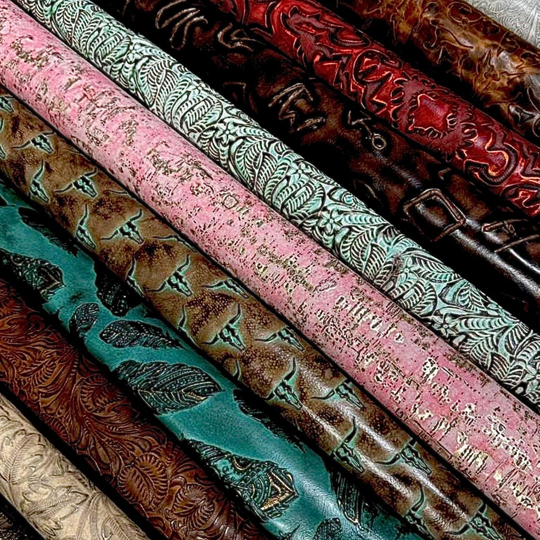 Premium genuine embossed leather hides with western-inspired designs, available at Texas Leather Goods