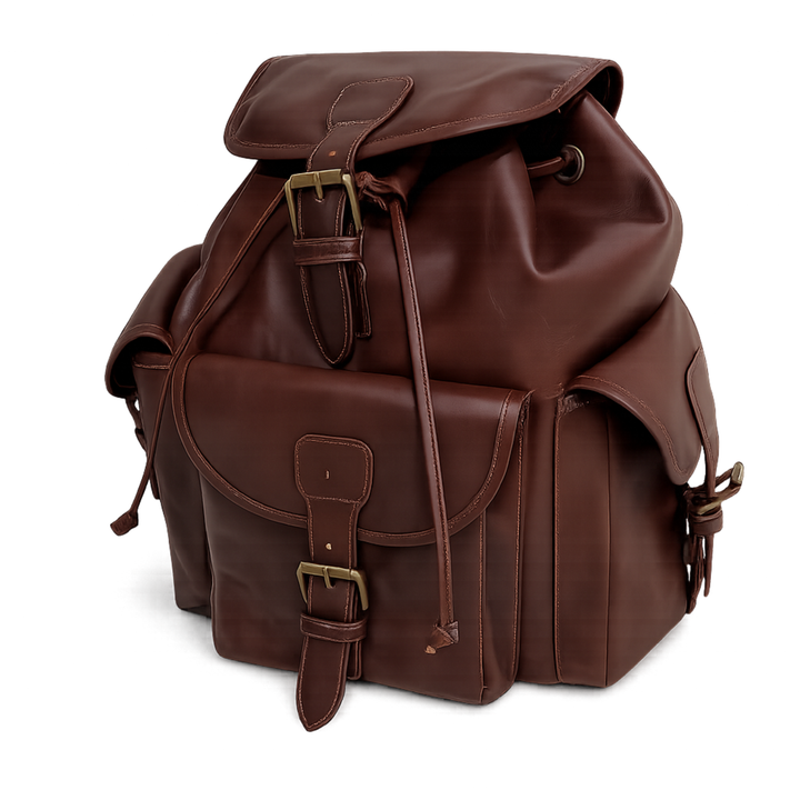 Distressed full-grain leather backpack with brass hardware and multiple front utility pockets.
