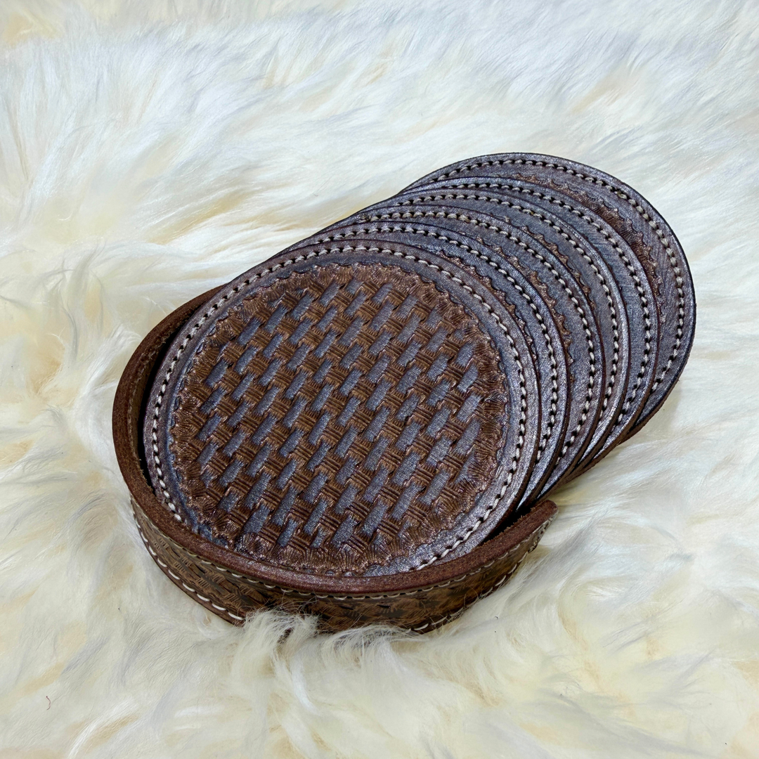 Hand-tooled leather coaster set