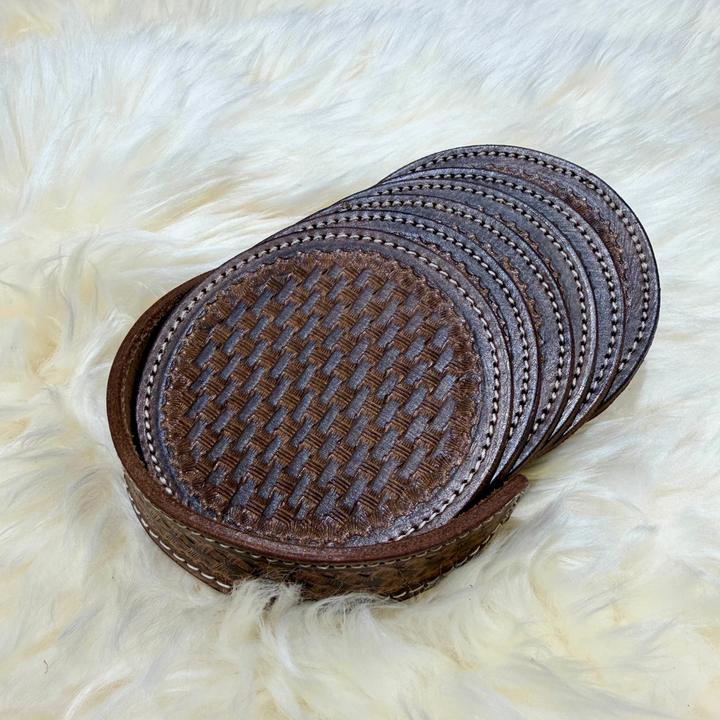 Hand-tooled leather coaster set