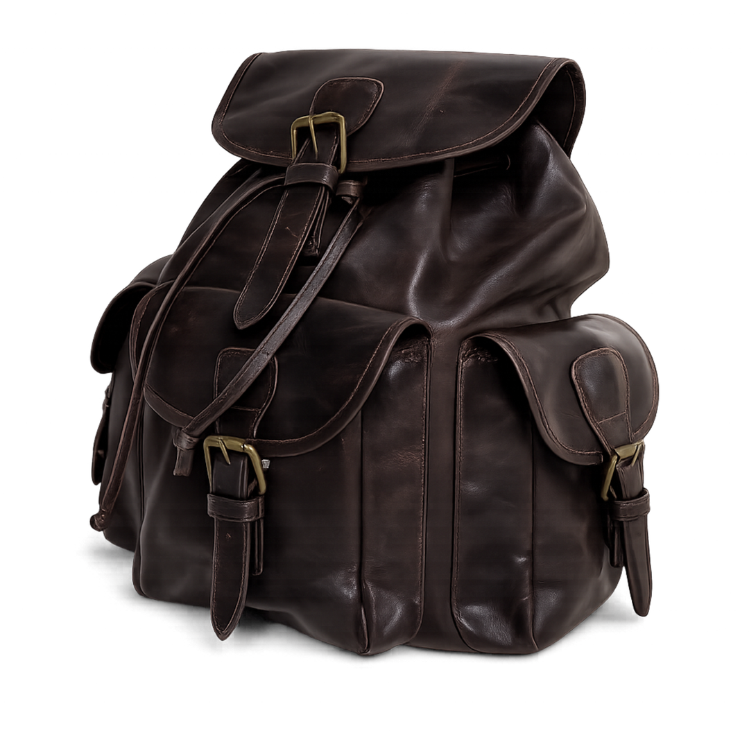 Distressed full-grain leather backpack with brass hardware and multiple front utility pockets.