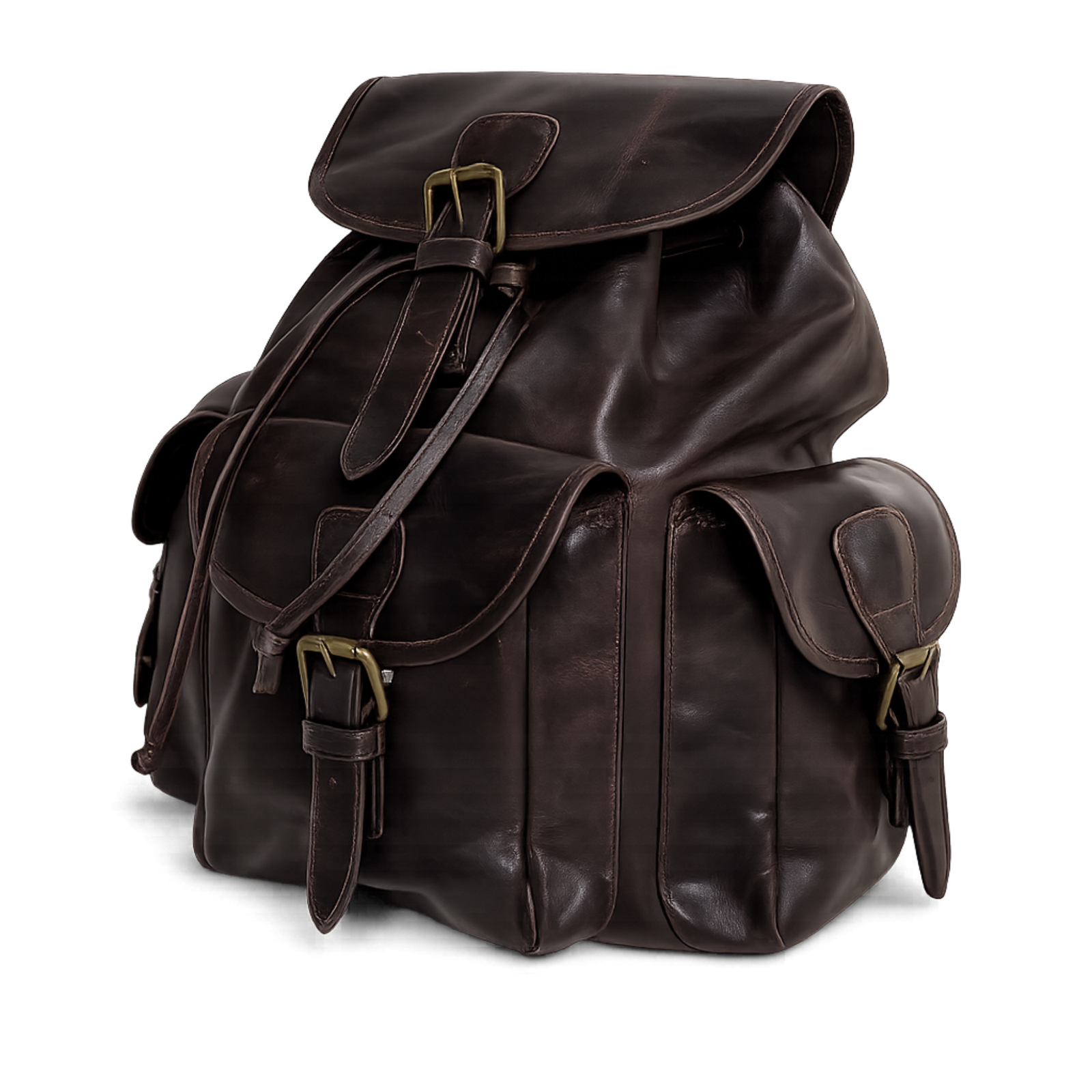 Distressed full-grain leather backpack with brass hardware and multiple front utility pockets.