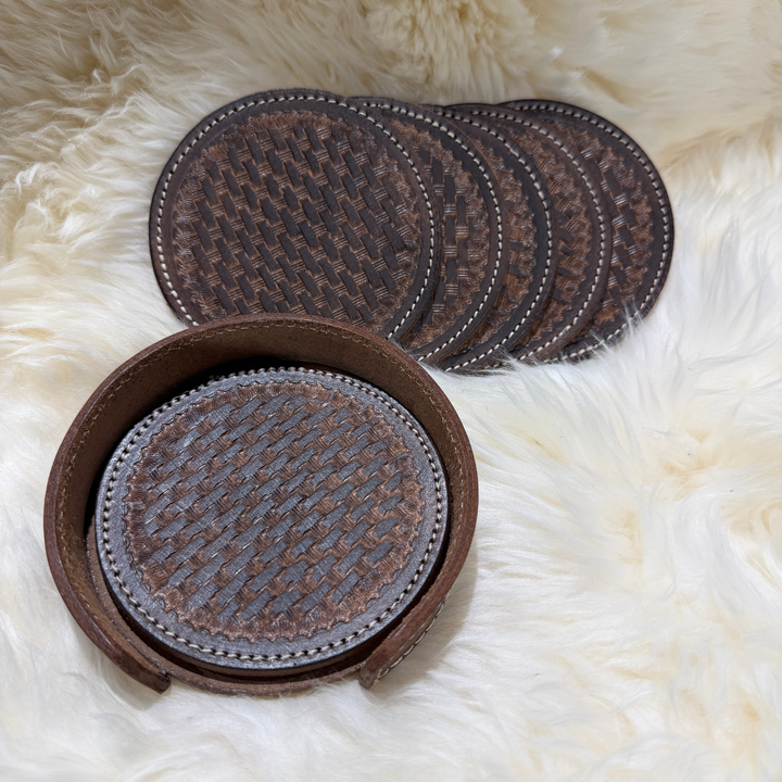 Hand-tooled leather coaster set