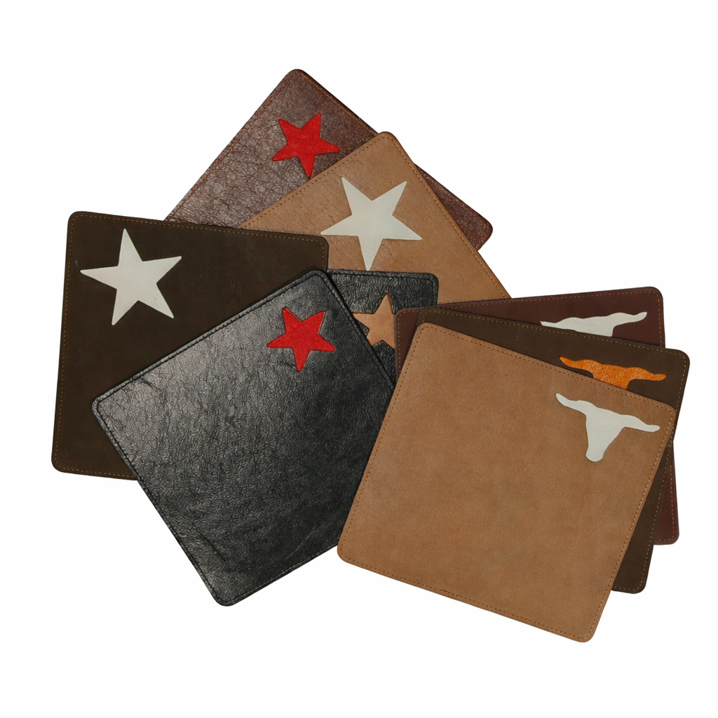 Leather mouse pads with star and longhorn designs in assorted colors, western style genuine leather desk accessories