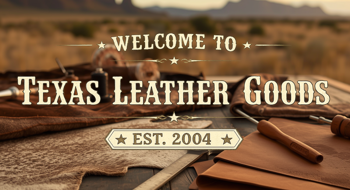 Texas Leather Goods advertisement with leather products and tools on a wooden surface with a desert landscape in the background.