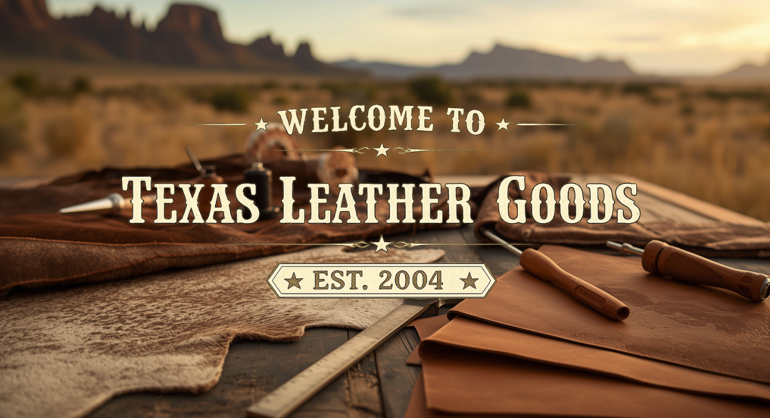 Texas Leather Goods advertisement with leather products and tools on a wooden surface with a desert landscape in the background.