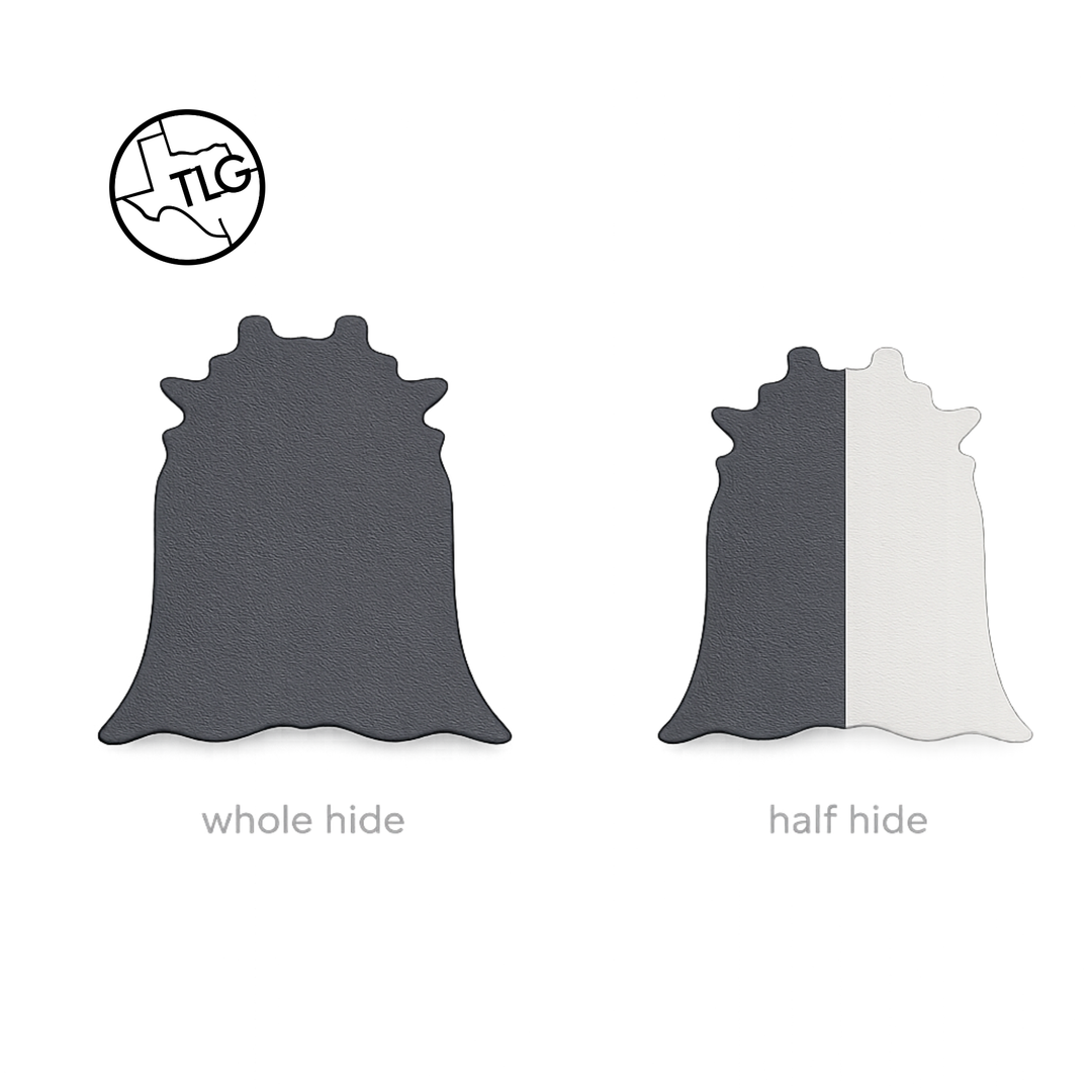 Diagram comparing full cowhide (36–44 sq ft) and half hide (18–22 sq ft)